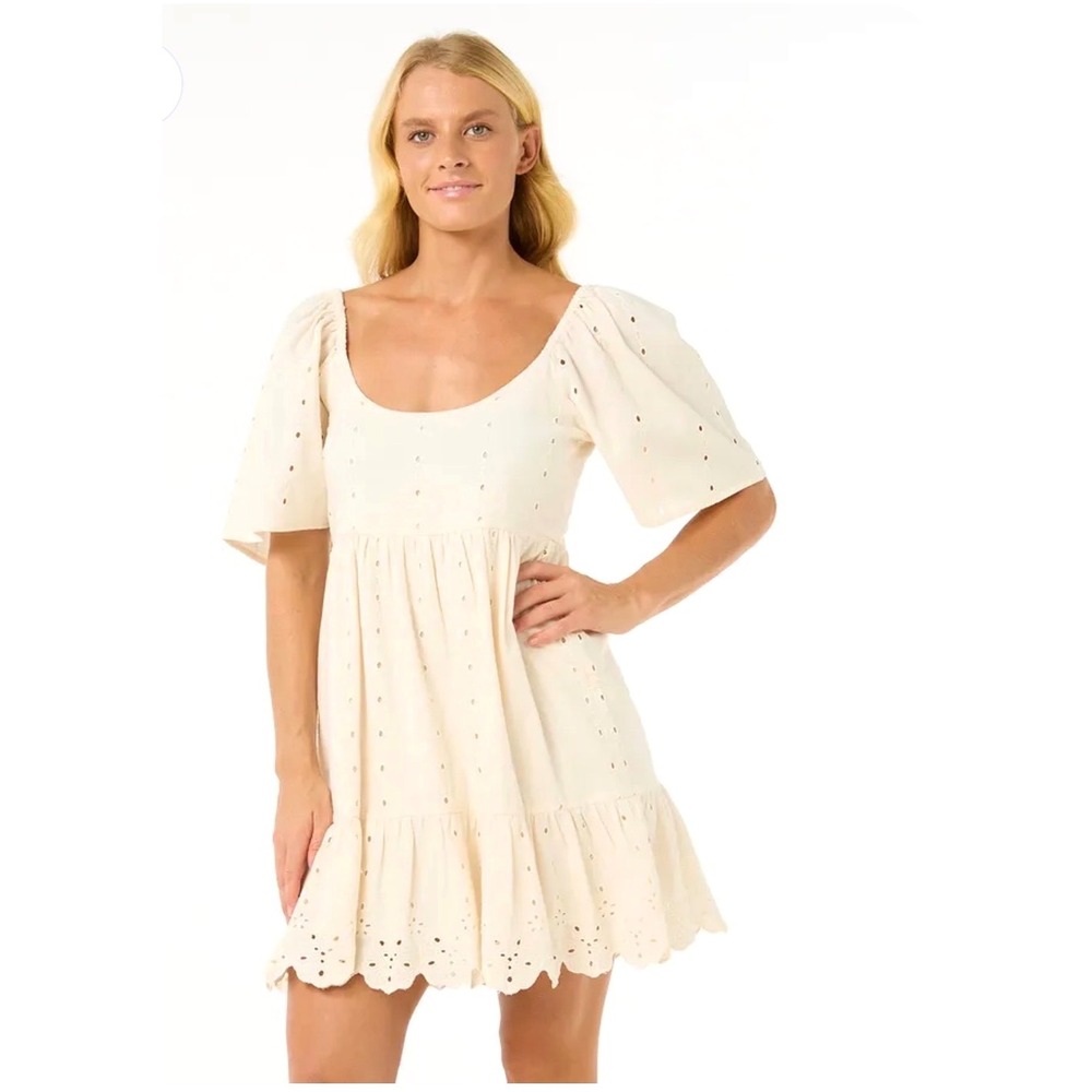 Rip Curl‎ San Carola Jota Mini Dress Cream Linen Eyelet Lace Scallop Hem Mens M